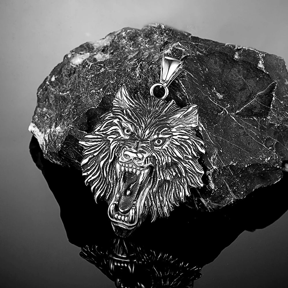 Punk Vikings Wolf Kopf Halsketten Edelstahl Vintage Nordischen Odins Wolf Anhänger Amulett Männer Charme Echtes Leder Seil Schmuck