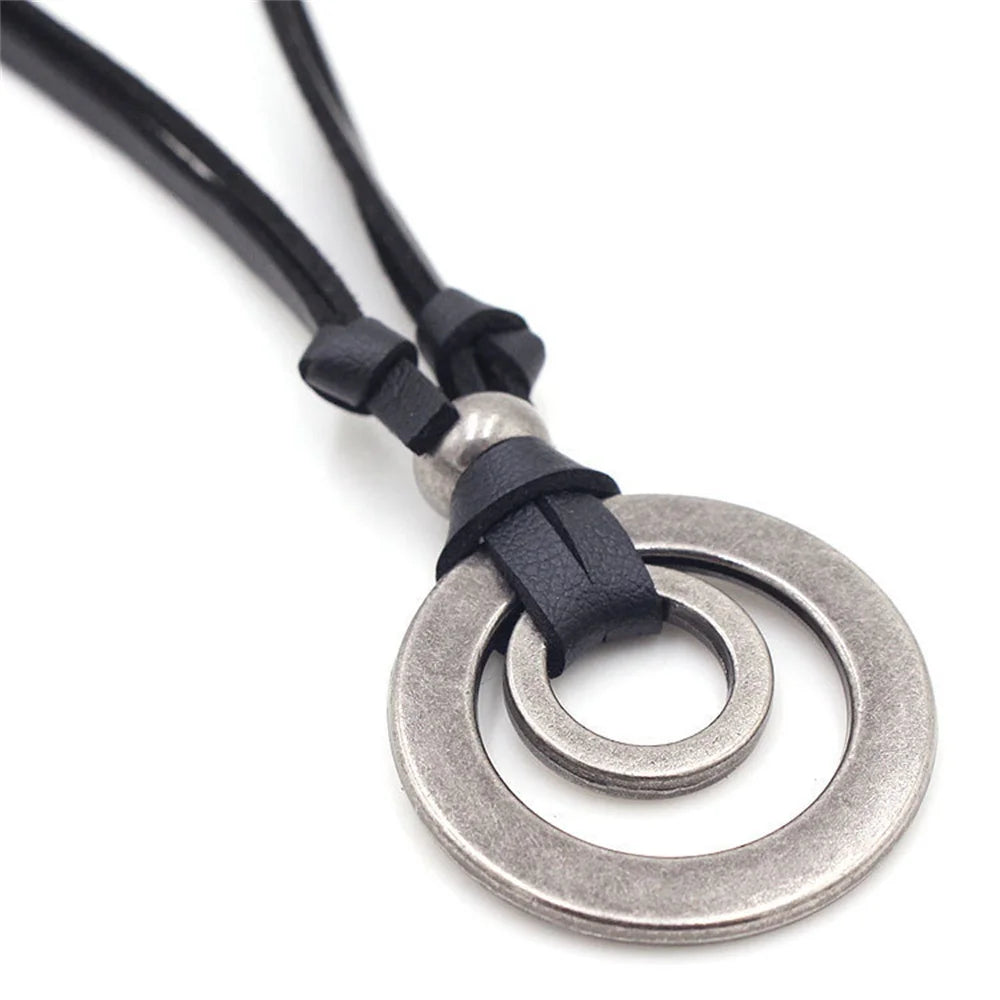 Vintage Retro 1Pc Lederband Halsketten Doppel Kreis Anhänger Halskette Für Frauen Männer Mode Schmuck Geschenke
