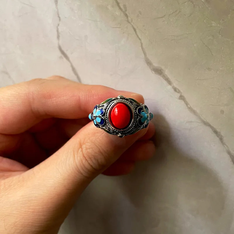 Retro filigran eingelegter roter Ring gebrannter blauer Palast Punk Gothic offener Ring für Frauen handgemachte Unisex Designer Schmuck Accessoires
