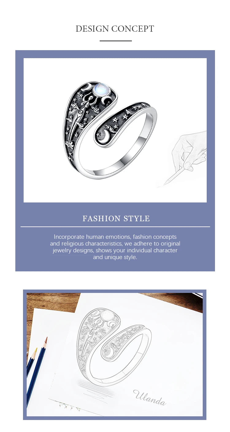 Eudora Verstellbarer Ring aus 925er-Sterlingsilber mit dreifacher Mondgöttin, Mondstein, Hekate, Amulett, Löffelring, Vintage-Schmuck, Geschenk für Frauen