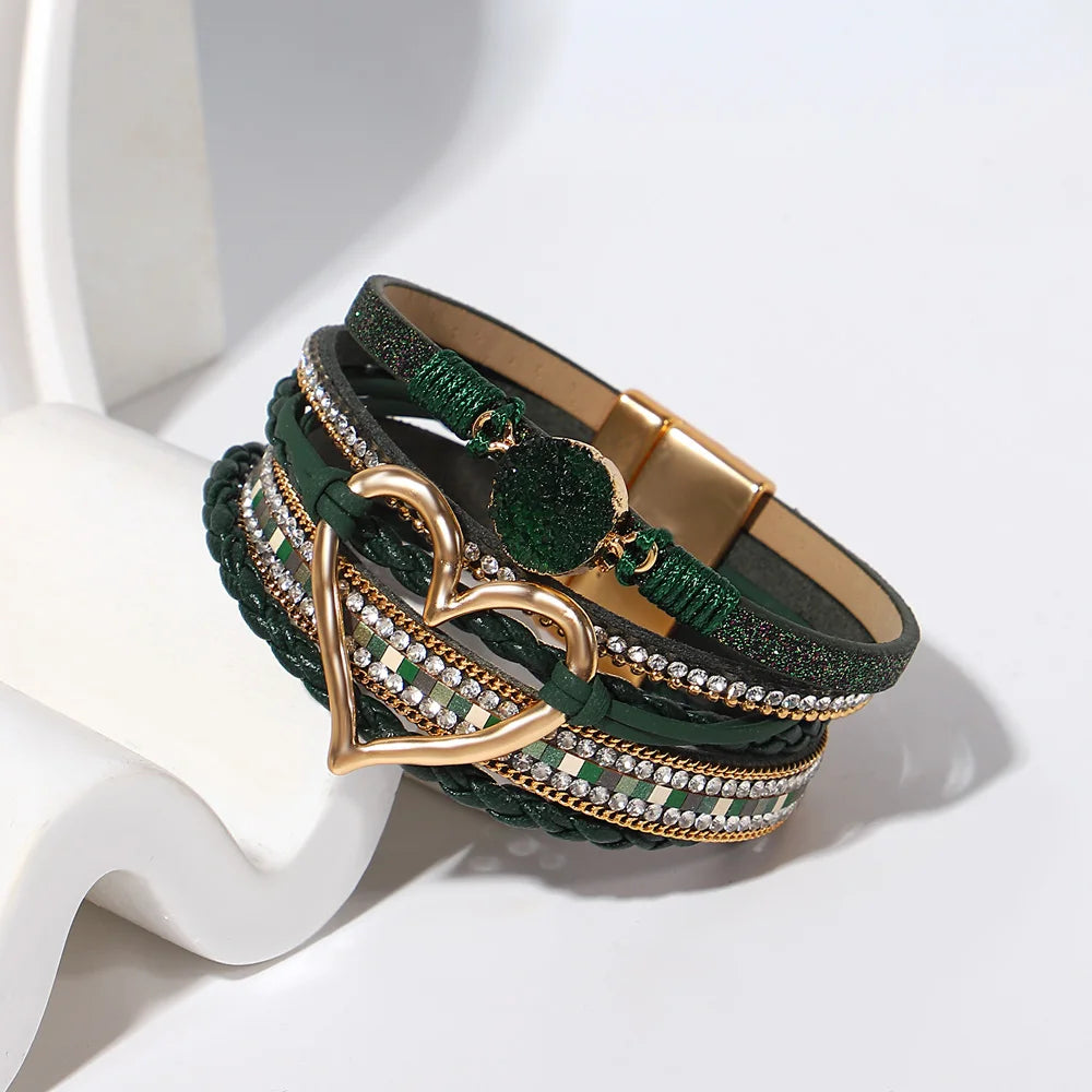 ALLYES Vintage grünes mehrschichtiges Wickelarmband aus Leder für Damen und Herren, Boho-Armbänder mit eingelegten Strasssteinen und Armreifen, Charm-Schmuck