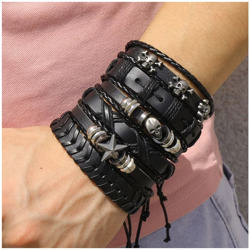 Punk Multilayer Antike Leder Armband Set Schädel Auge Stern Charms Hiphop Rock Y2K Vintage Pu Gothic Armband Mann Goth Schmuck
