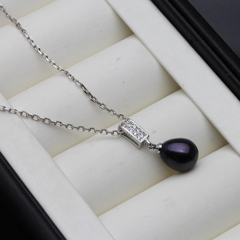Echter natürlicher schwarzer Süßwasserperlen-Anhänger für Damen, 925er Sterlingsilber, Perlenkette, Mutter, Ehefrau, Geburtstagsgeschenk