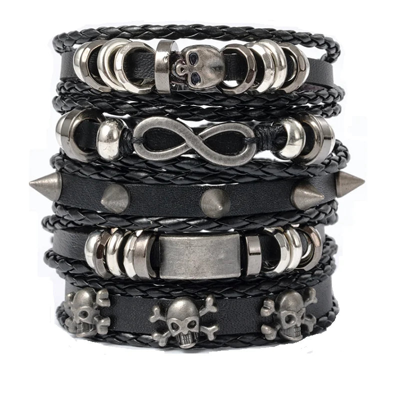Punk Multilayer Antike Leder Armband Set Schädel Auge Stern Charms Hiphop Rock Y2K Vintage Pu Gothic Armband Mann Goth Schmuck