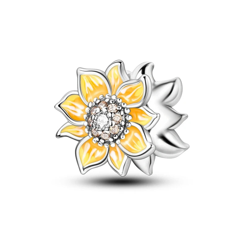 Neu im 925er-Sterlingsilber, goldene Sonnenblume, glückliche Sterne, passend für Original-Armbänder, Halsketten, Sonne, Mond, Diamant-Charm, Schmuck zum Selbermachen