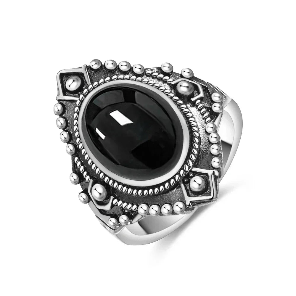 Vintage-Ring aus 925er Silber, natürlicher schwarzer Onyx-Ring, kreisförmiger Denier-Typ, Pferdeauge-Design, Geschenk, edler Schmuck, schwarzer Ring für Männer und Frauen