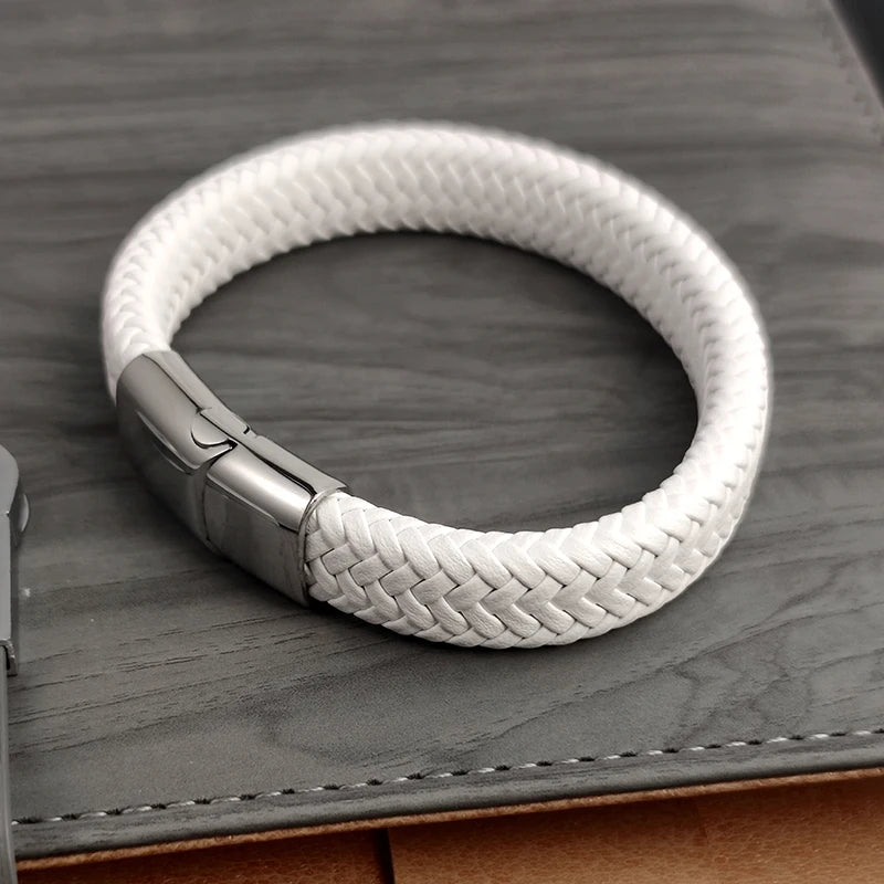 Mode Einfache Weiße Leder Geflecht Armband Edelstahl Schnalle Verschlüsse für Männer Handgemachte Armreif Großhandel Charme Schmuck Geschenk