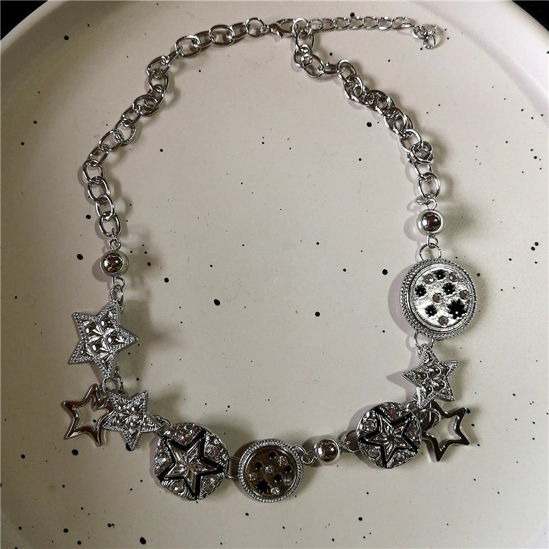 Vintage Y2k Ästhetische Pentagramm Stern Anhänger Silber Farbe Halsband Kette Halskette Für Frauen Coole Hip Hop Schmuck Charme Zubehör