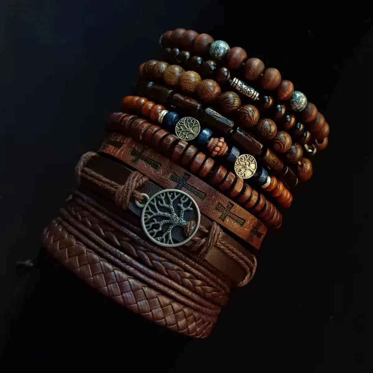 Khaki Baum 10 Teile/satz Schwarz Wrap Woven Mode Handgemachte Männer Armbänder Männliche Frauen Leder Armbänder Männer Armreif Großhandel Schmuck
