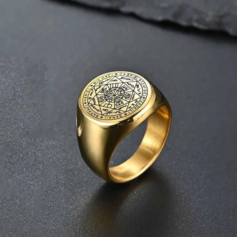 YILUOCD Siegel der sieben Erzengel-Ringe für Männer Der Schlüssel des Salomon-Rings Kabbalah Talisman Amulett Edelstahl Herrenschmuck
