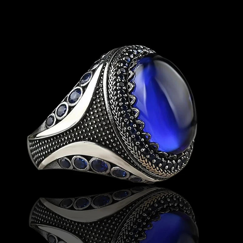2025 Vintage Punk Große Dunkelblaue Stein Ringe für Männer Schmuck Zubehör Hochzeit Schmuck Vintage Zirkon Finger Ringe