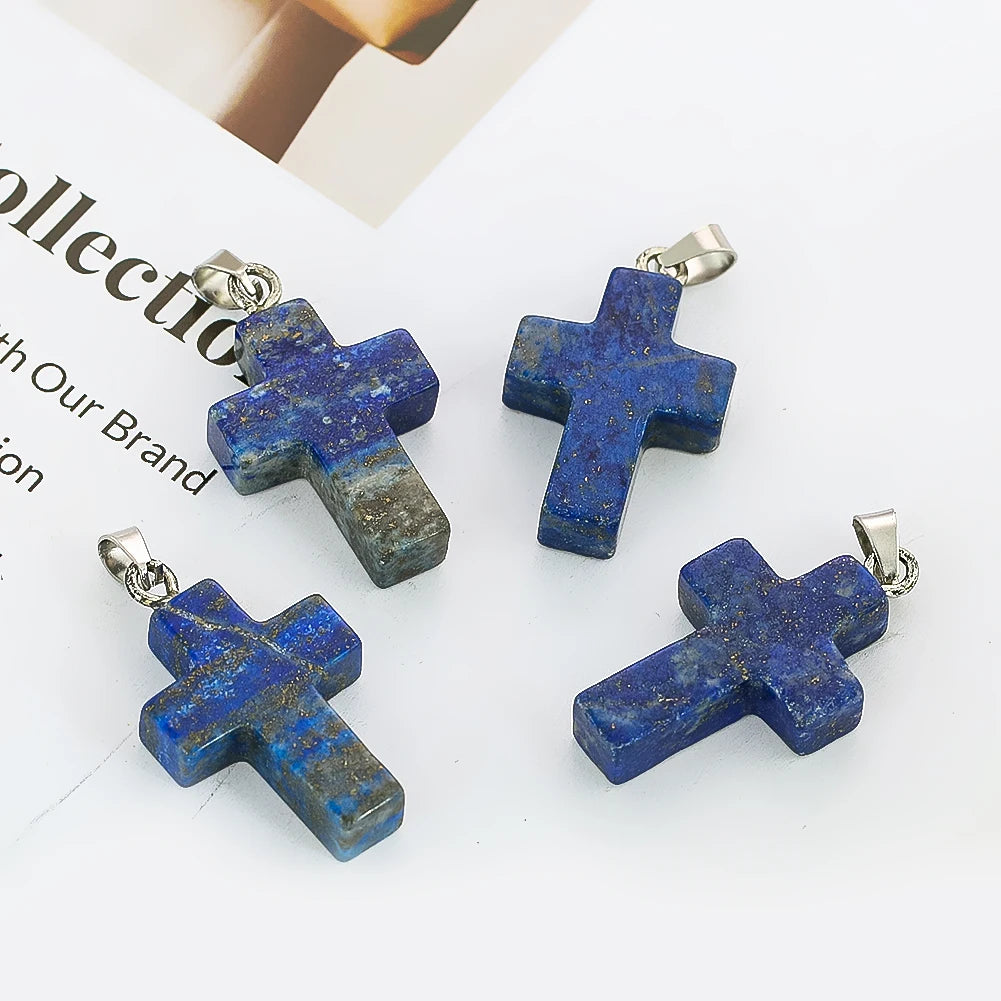 Natürlicher Lapislazuli-Kreuz-Anhänger, Halbedelstein, Energie-Charm-Halskette für Heimwerkerbedarf, handgefertigtes Schmuckzubehör