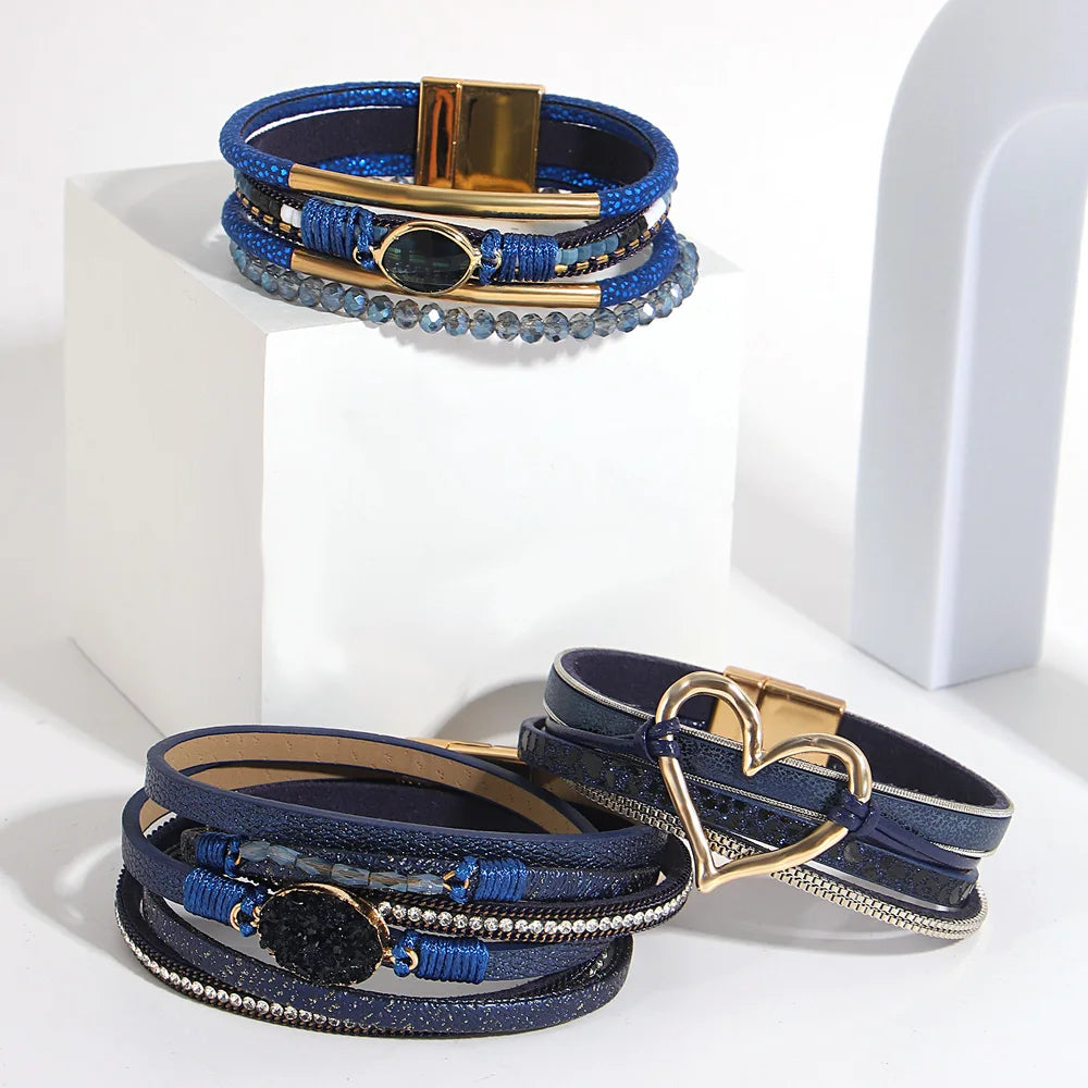 ALLYES Retro Blaue Lederarmbänder für Damen Herren Boho Charm Perle Kristall Herz Mehrschichtiges Wickelarmband & Armreif Schmuck Geschenke