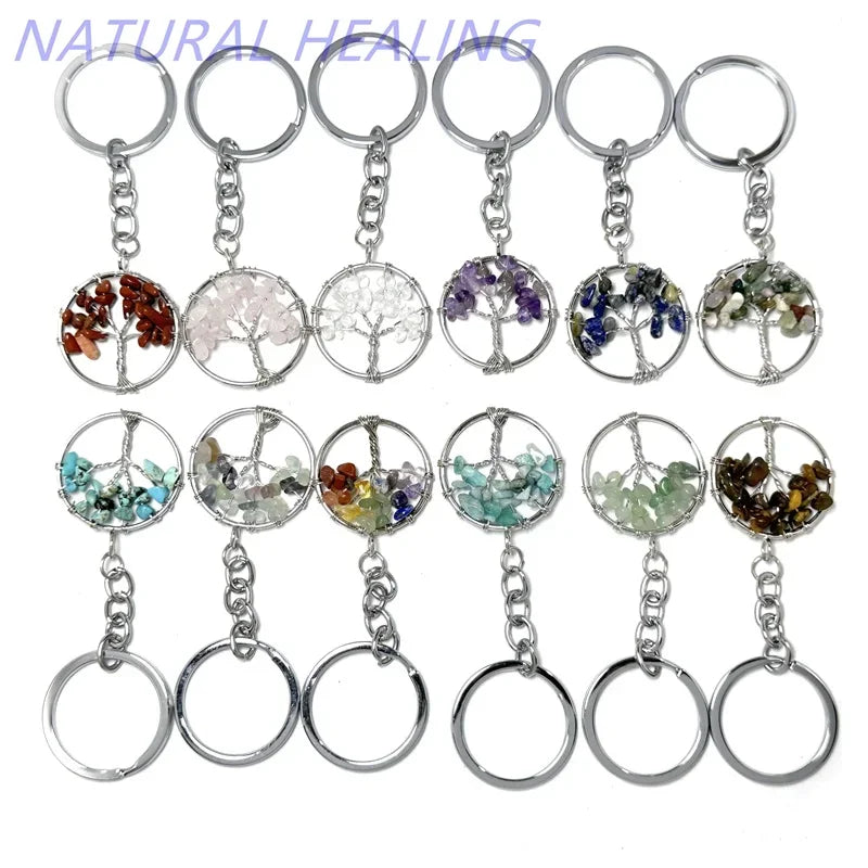 10 stücke Frauen natürlichen Chip Quarz Stein Perle 30mm Herz runden Baum des Lebens Schlüssel anhänger Lanyard Großhandel Schlüssel ringe
