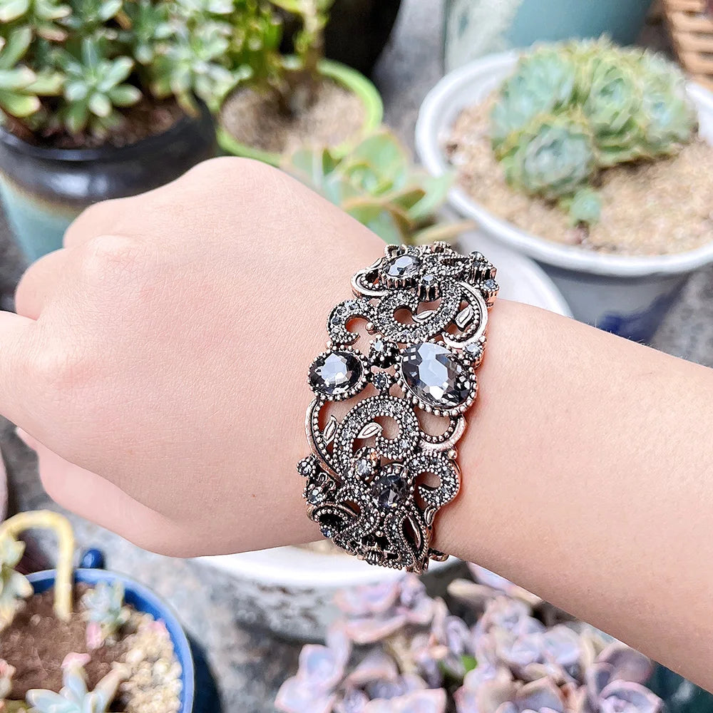 Sunspicems Böhmen Grau Kristall Türkische Armreif Manschette Armband Für Frauen Retro Gold Farbe Arabischen Braut Hochzeit Schmuck Bankett Geschenk