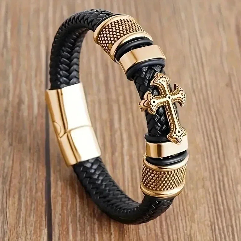Vintage handgewebtes umweltfreundliches Leder-Kreuzarmband mit Magnetverschluss, modischer Anhänger für Herren, religiöser Amulett-Schmuck