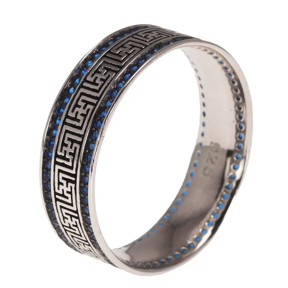 Türkische Ringe aus echtem Sterlingsilber 925, für Männer und Frauen mit blauem, rundem Zirkon, Retro-Punk-Ringe, modischer Silberschmuck