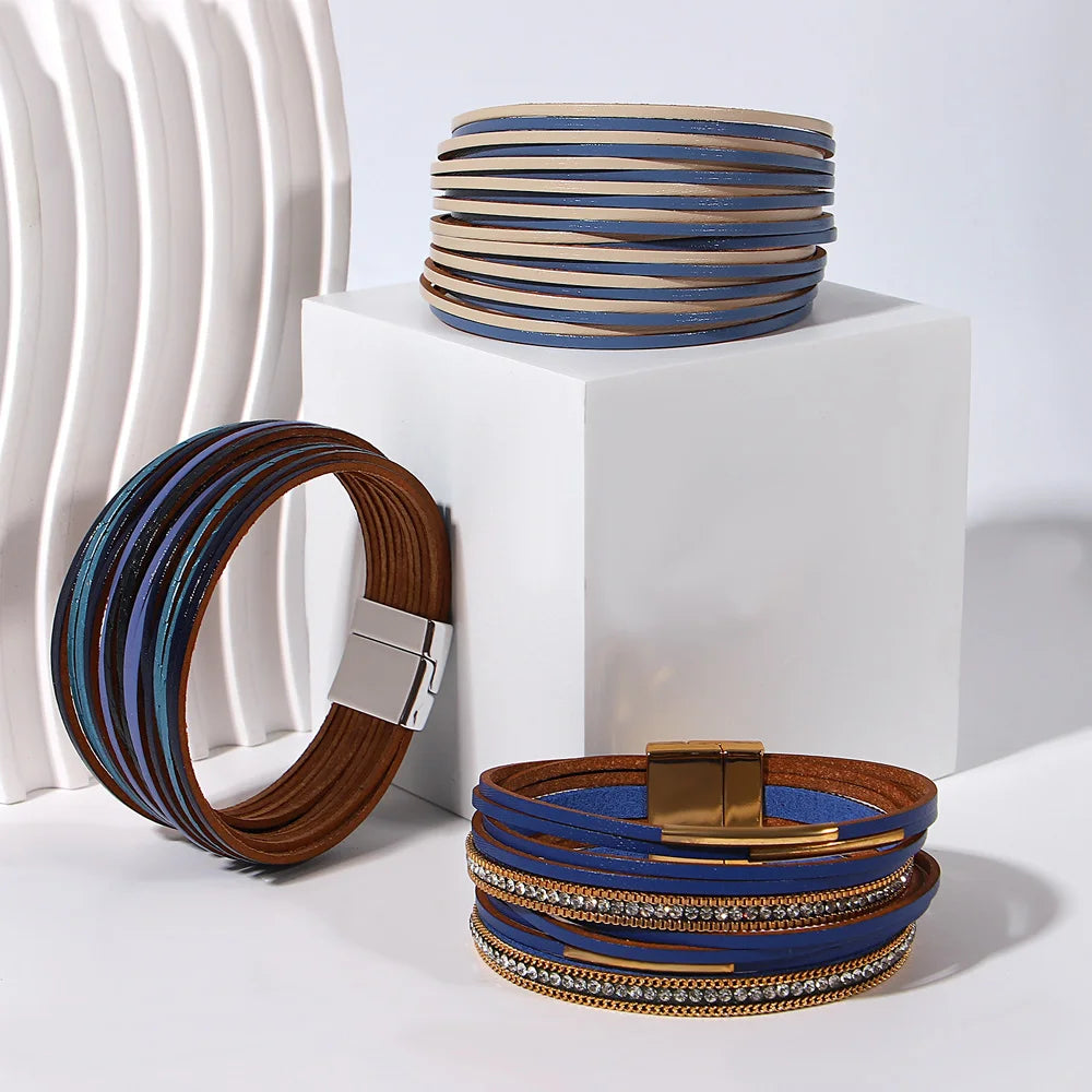 ALLYES Retro Blaue Lederarmbänder für Damen Herren Boho Charm Perle Kristall Herz Mehrschichtiges Wickelarmband & Armreif Schmuck Geschenke