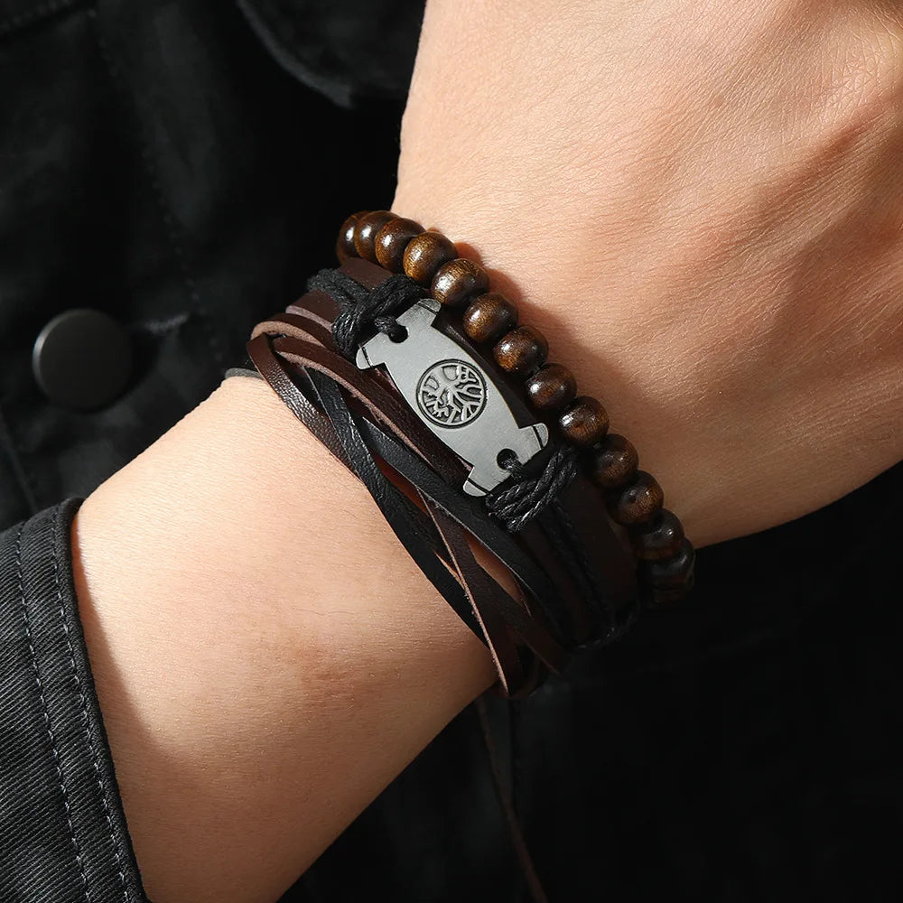 Punk Casual Bead6 Teil/satz Baum Schwarz Khaki Handgemachte Männer Armbänder Männlichen Frauen Leder Armbänder Männer Armreif Großhandel Schmuck Geschenk