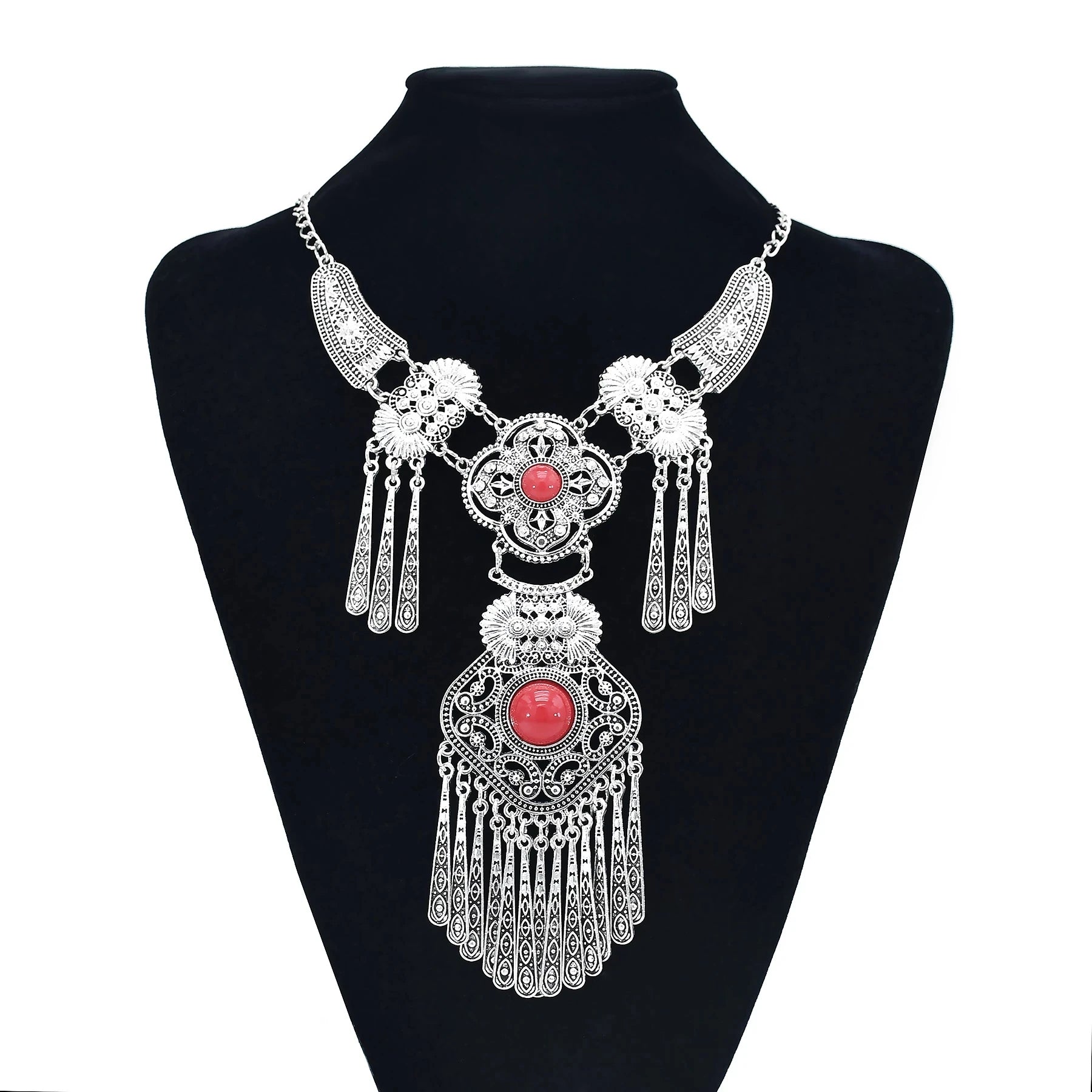 Afghanische Vintage Silber Farbe Legierung Halsketten Perlen Geometrische Form Münze Quaste Anhänger Klobige Halsketten für Boho Gypsy Türkisch