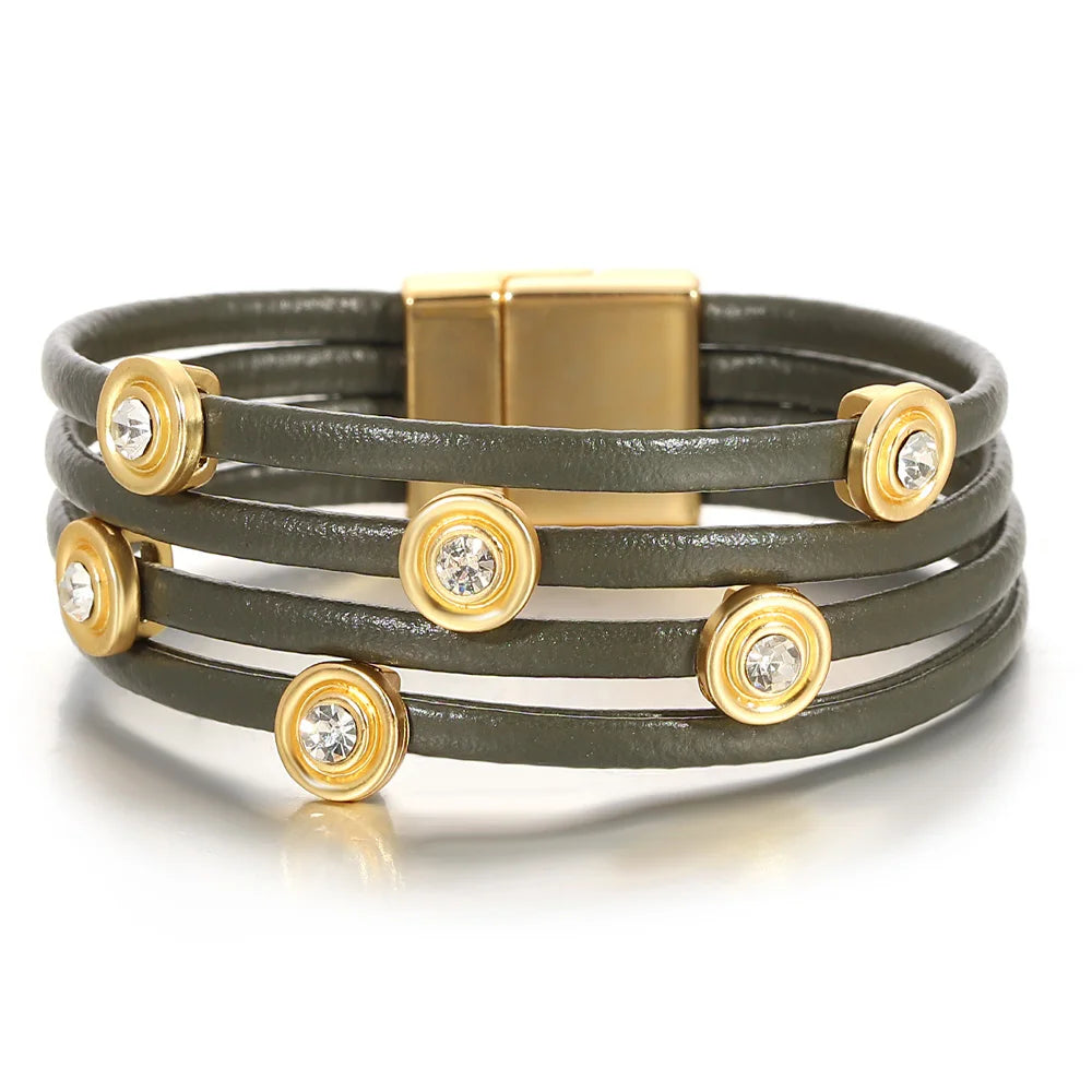 ALLYES Vintage grünes mehrschichtiges Wickelarmband aus Leder für Damen und Herren, Boho-Armbänder mit eingelegten Strasssteinen und Armreifen, Charm-Schmuck