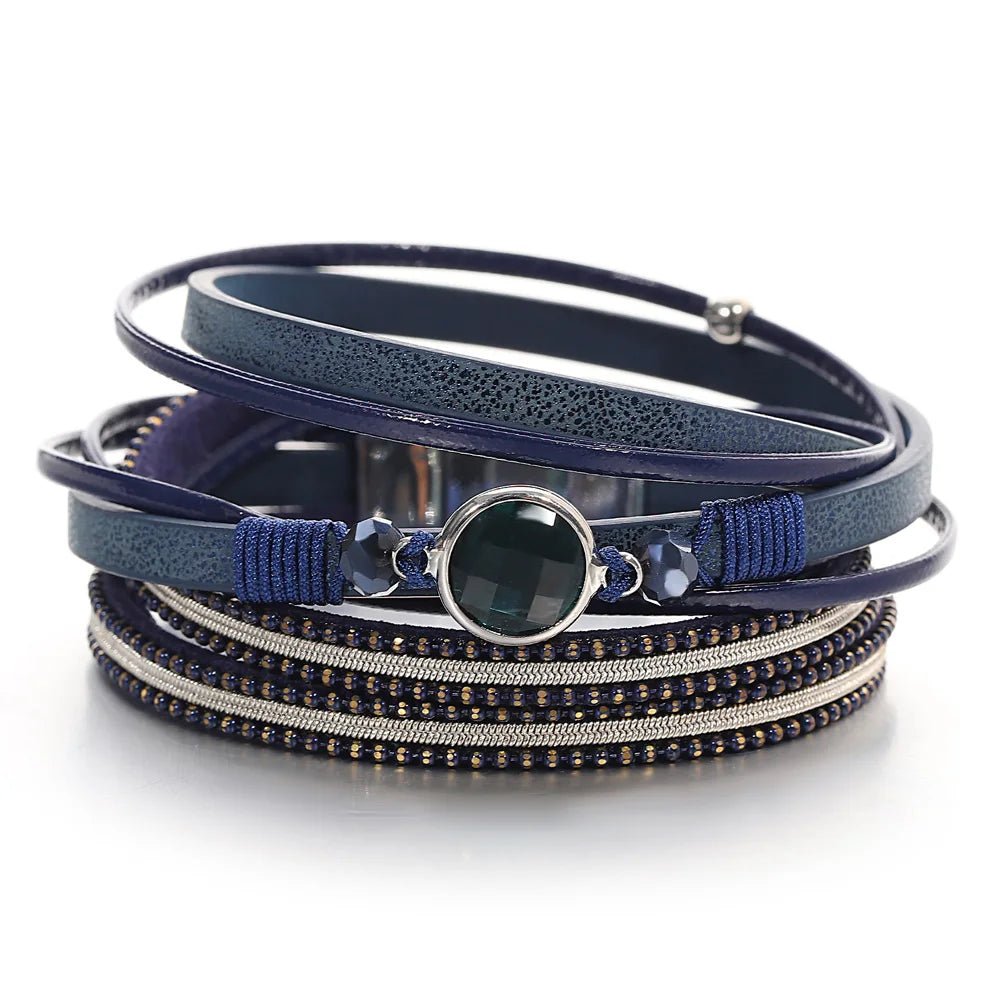 ALLYES Retro Blaue Lederarmbänder für Damen Herren Boho Charm Perle Kristall Herz Mehrschichtiges Wickelarmband & Armreif Schmuck Geschenke
