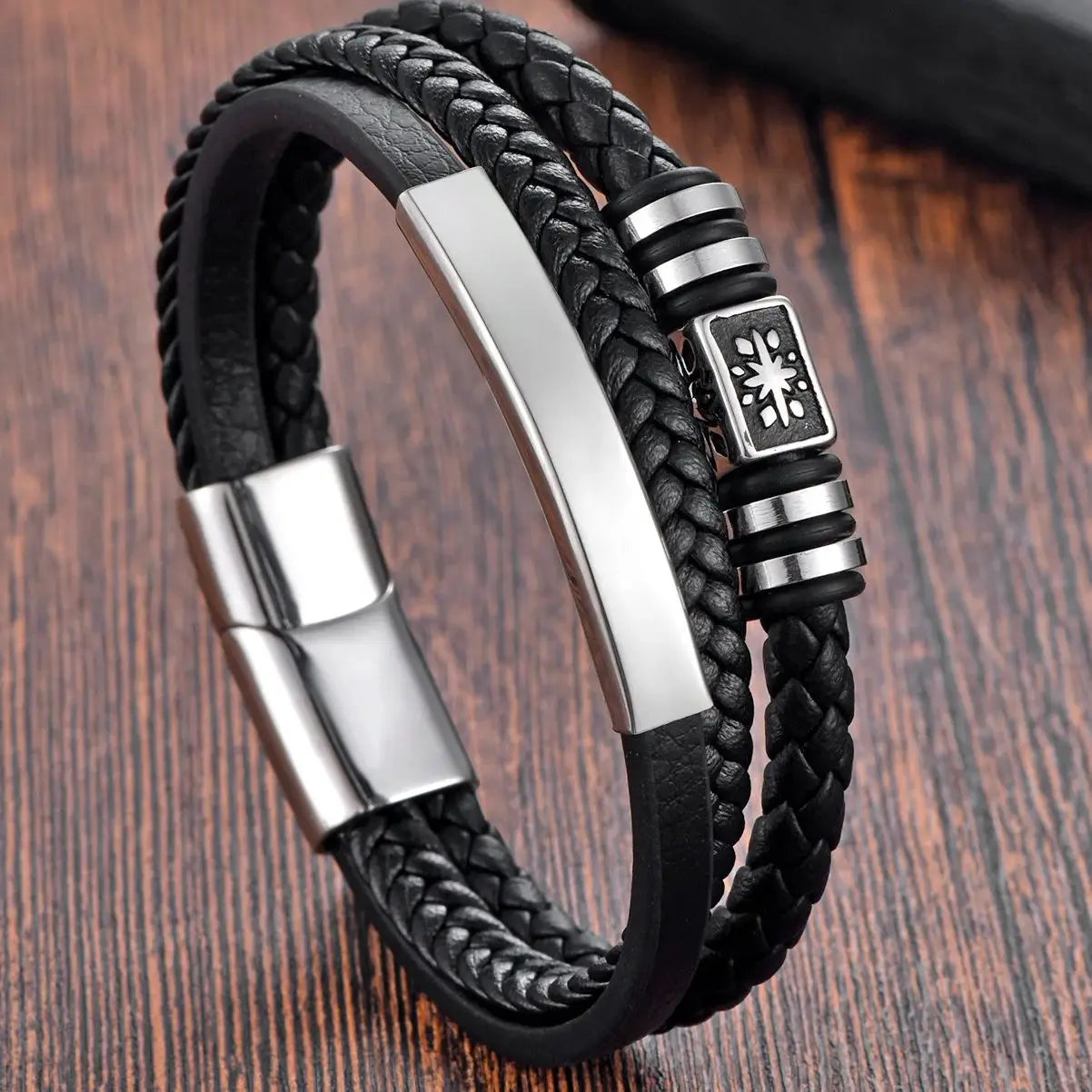 Geflochtenes Seil gewebtes schwarzes Leder Herrenarmbänder Punk-Stil Edelstahl-Armreif für Freund Charm Modeschmuck Geschenke