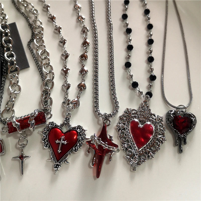 Gothic Rotes Kreuz Stern Herz Anhänger Halskette Für Frauen Männer Hip Hop Straße Vintage Y2K Grunge Punk Y2K Ästhetischen Schmuck Geschenke