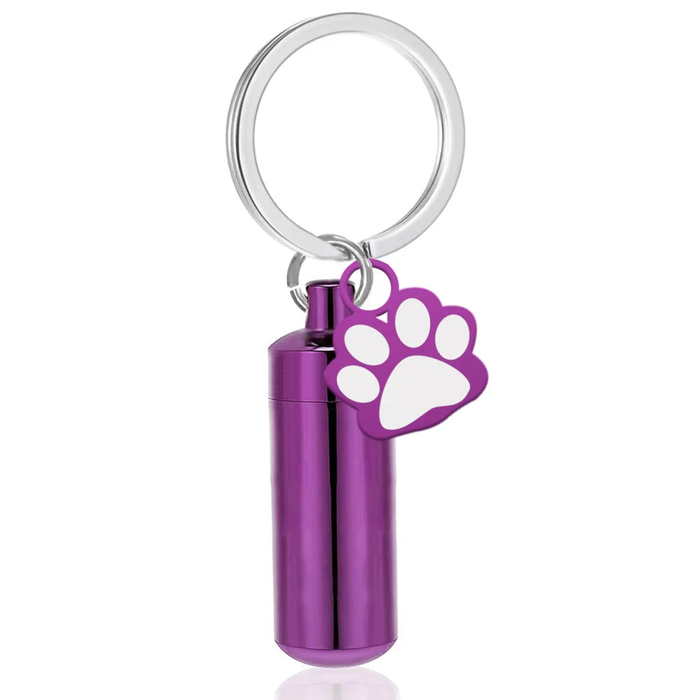 Haustier-Urnen-Schlüsselanhänger, Pfotenabdruck, Zylinder-Urnen-Anhänger, Schlüsselanhänger für Hunde, Asche, Welpen, Kätzchen, Asche, Andenken, Feuerbestattung, Gedenk-Anhänger