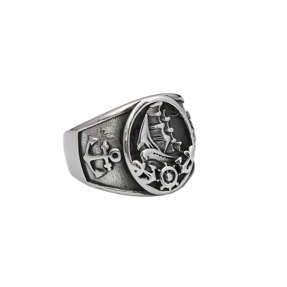 Mode Vintage Nordic Segelboot Piraten Ring Männlichen 316L Edelstahl Viking Kompass Ringe Biker Amulett Schmuck Geschenk Großhandel