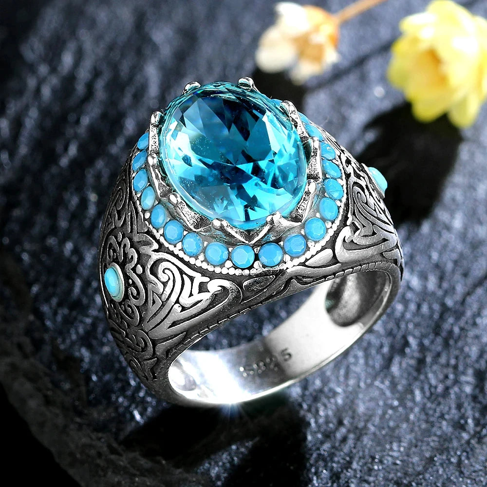 Silberring für Männer und Frauen, blauer Zirkon-Fingerring, Vintage-Edelschmuck, Aquamarin-Edelstein-Schmuck, Geschenk