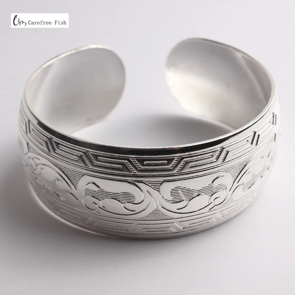 32-Stil Vintage-Manschettenarmband, tibetisch versilbert, geschnitzte Blume, Tier-Öffnungsarmreif, verstellbar, indischer Schmuck, Damen-Geschenke