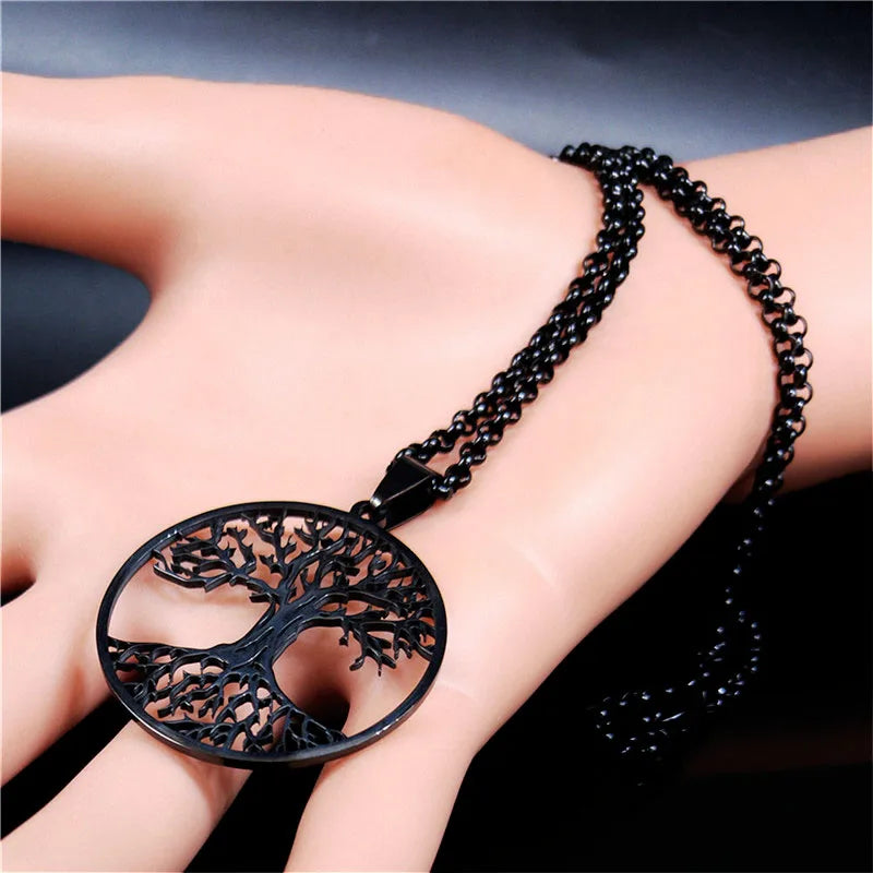 2024 Baum des Lebens Edelstahl Lange Halskette für Männer Schwarz Farbe Halsketten & Anhänger Schmuck cadenas para hombre N834S03