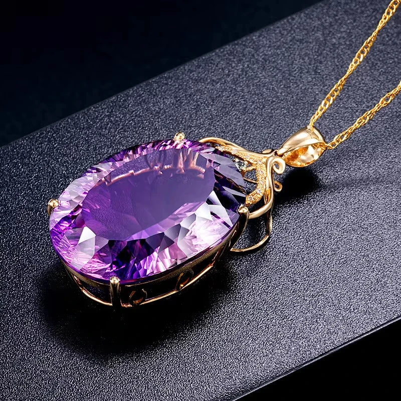 Zirkon-Halskette, Amethyst, Saphir-Edelstein-Charm, 18 Karat vergoldetes Silber, 36 CT ovale Kristall-Zirkon-Anhänger-Halskette, Geschenk für Frauen