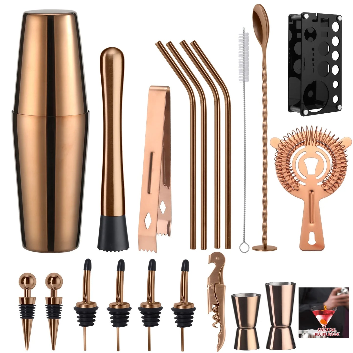 Cocktail-Shaker-Set, 20-teilig, Barkeeper-Set mit Ständer, Mixologie-Bar-Set, Getränkemixer-Set mit unverzichtbarem Zubehör, Werkzeug, Rezept-Broschüre