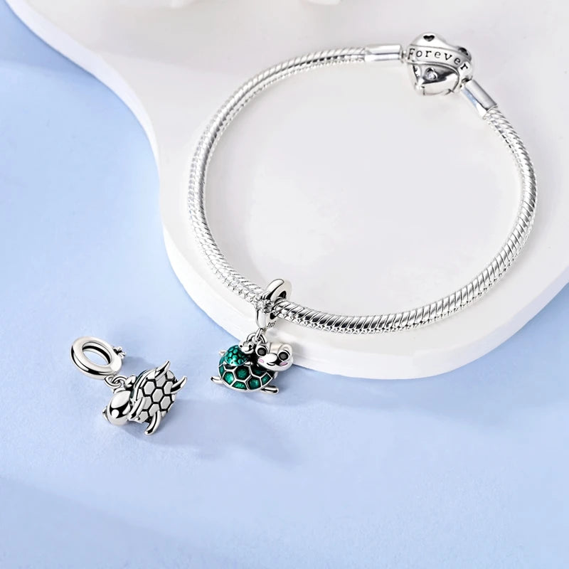 Neu im 925er-Sterlingsilber, grüne Charms, Perlen, Frosch, Kleeblatt, Schildkröte, Anhänger, Schmuck, passend für Original-925-Armbänder für Frauen, DIY-Geschenk