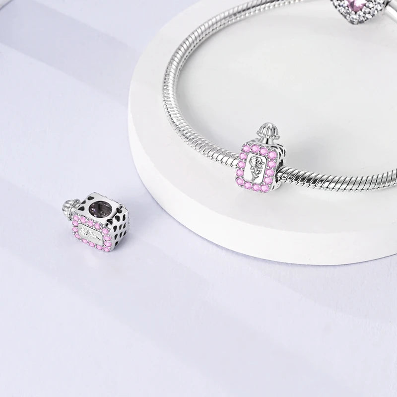 Rosa Charms aus 925er-Sterlingsilber, Perlen, Schmetterling, Parfümflasche, Krone, herzförmiger Zirkon, Charms für Frauen, feiner DIY-Schmuck, Geschenke