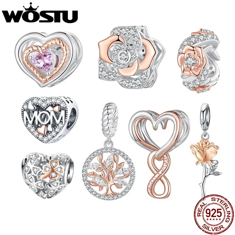 WOSTU Muttertags-Charm aus 925er-Sterlingsilber mit Rosenblüten-Anhänger, Baum des Lebens, Herzperlen, passend für Armbänder, Halsketten, DIY-Geschenk für Mama