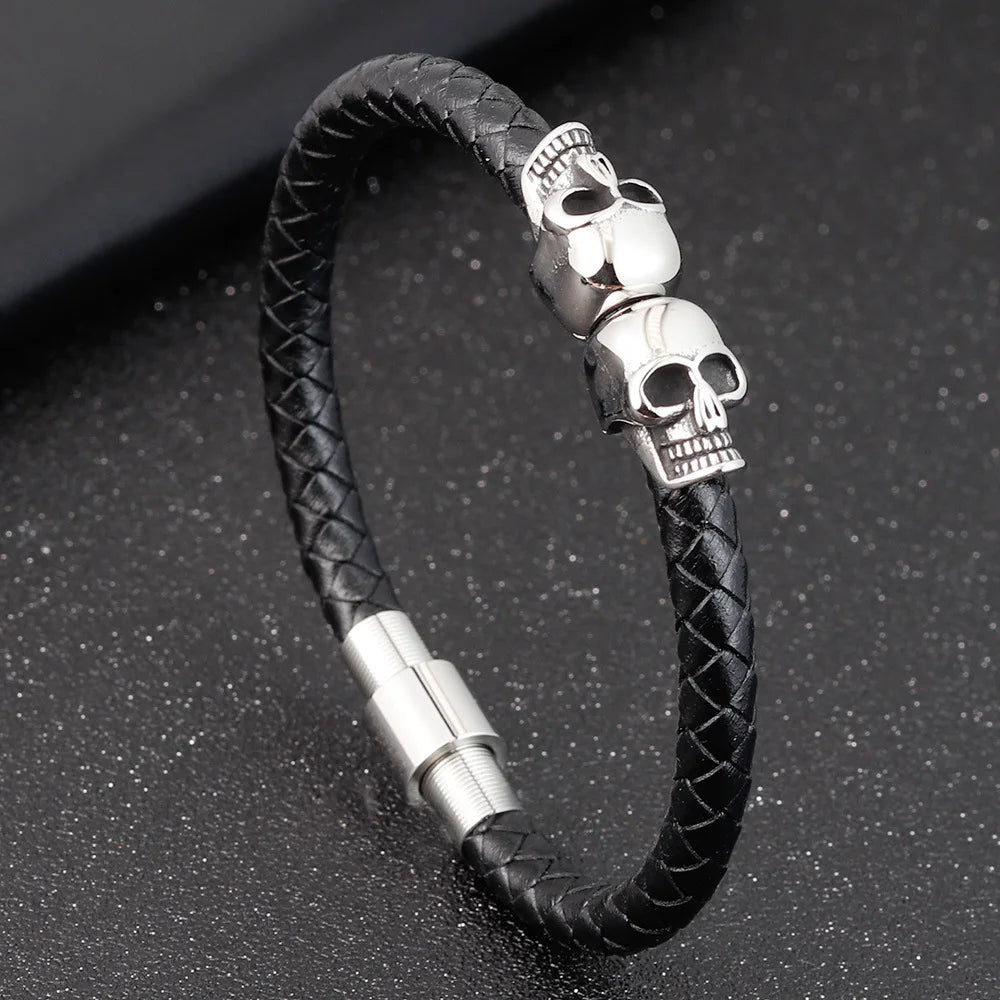 Übertreibung Männer Schmuck Schwarz Geflochtene Leder Armbänder Edelstahl Leder Armbänder Coole Schädel Armbänder Männer Armband
