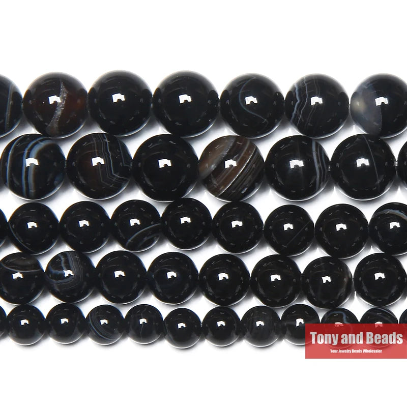 Naturstein Schwarz Streifen Onyx Achat Runde Lose Perlen 4 6 8 10 12 MM Pick Größe Für Schmuck Machen