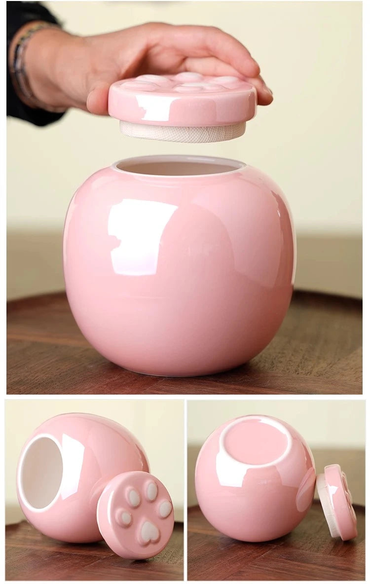 1 Stück rosa Keramik-Urne mit Krallendruck für Asche, kleines Katzen- und Hunde-Keramik-Asche-Vorratsglas, rosa Haustier-Haarglas, Beerdigungszubehör für Haustiere