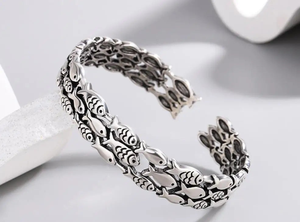 Sole Memory Retro Fisch Kreative Nette 925 Sterling Silber Weibliche Trendy Resizable Öffnung Armreifen Armband Für Frauen BR006