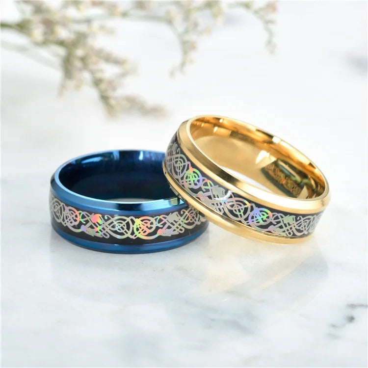 20 Farben Herrenschmuck Rot Blau Schwarz Drache Inlay Comfort Fit Edelstahlringe für Hochzeit Breite 8 mm