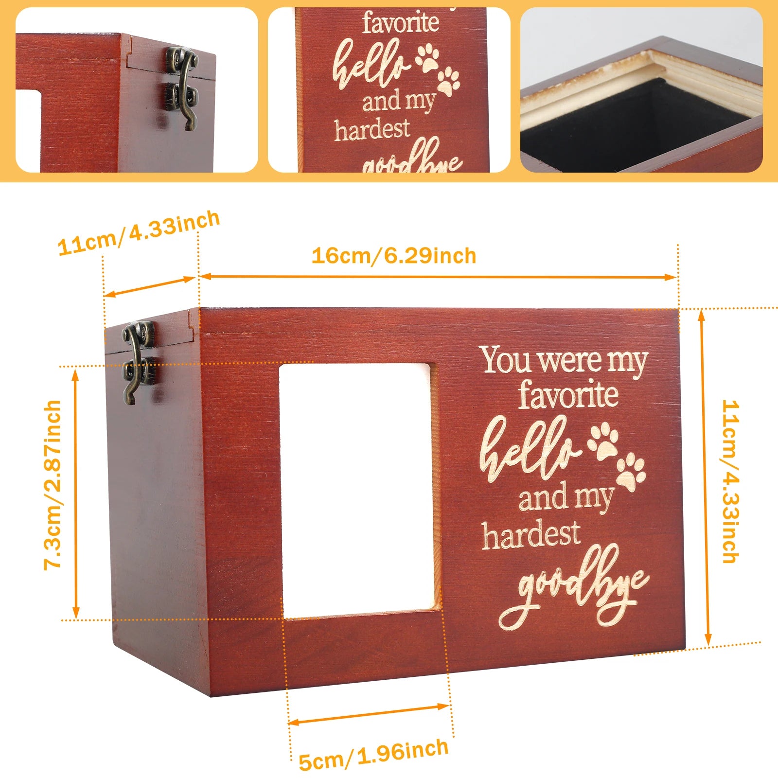 Hölzerne Haustier-Gedenkurne, DogCremation Urne mit Fotorahmen, Schlüssel und Schloss, personalisierte Haustier-Andenken-Memory-Box für Asche von Hunde oder Katzen