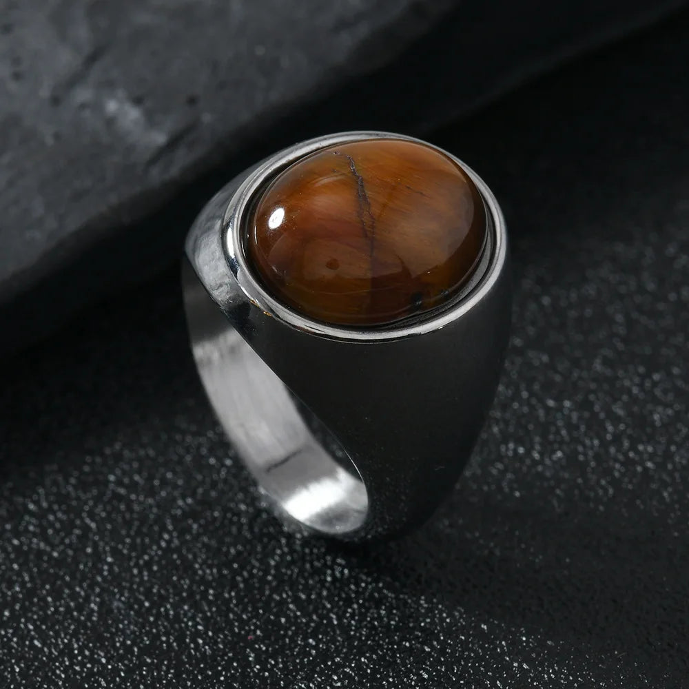 HNSP 316L Edelstahl Oval Naturstein Ring Für Männer Frauen Finger Vintage-Schmuck Schwarz Grün Tigerauge Männliche Ringe