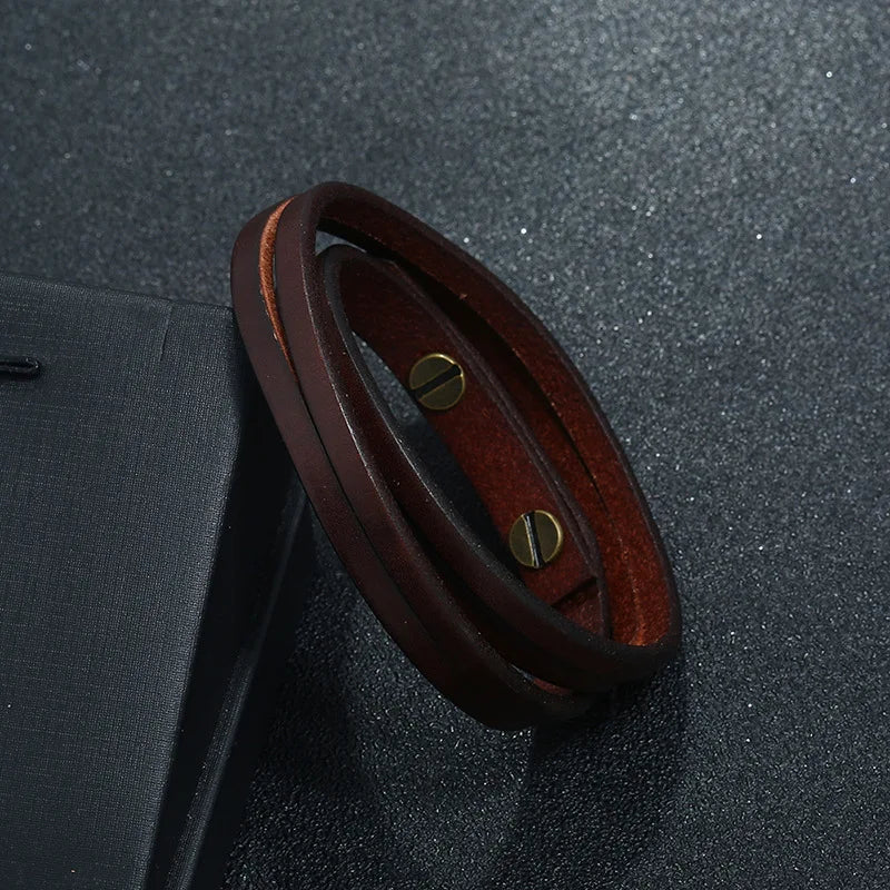 MKENDN Punk Vintage Doppel Strang Schwarz Braun Echtes Echtes Kuh Leder Charme Unisex Schnalle Armband Für Männer Frauen Schmuck Geschenke