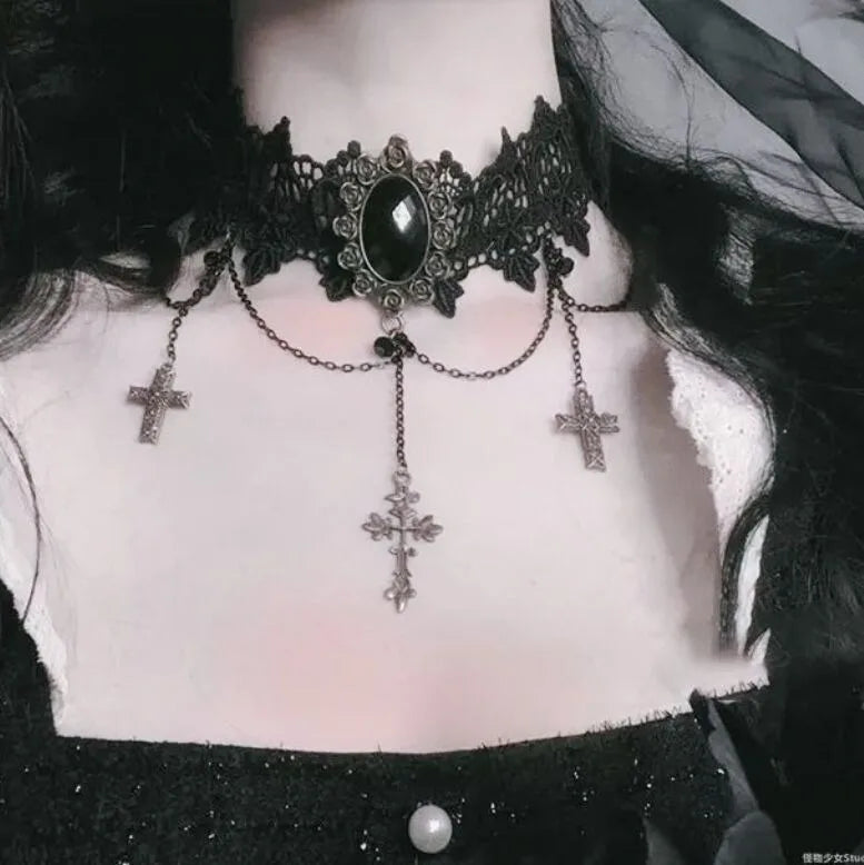Neo-Gothic Punk Schwarz Sexy Spitze Halskette Für Frauen Mode Retro Schlüsselbein Kette Halloween Kragen Halsband Steampunk Geschenke