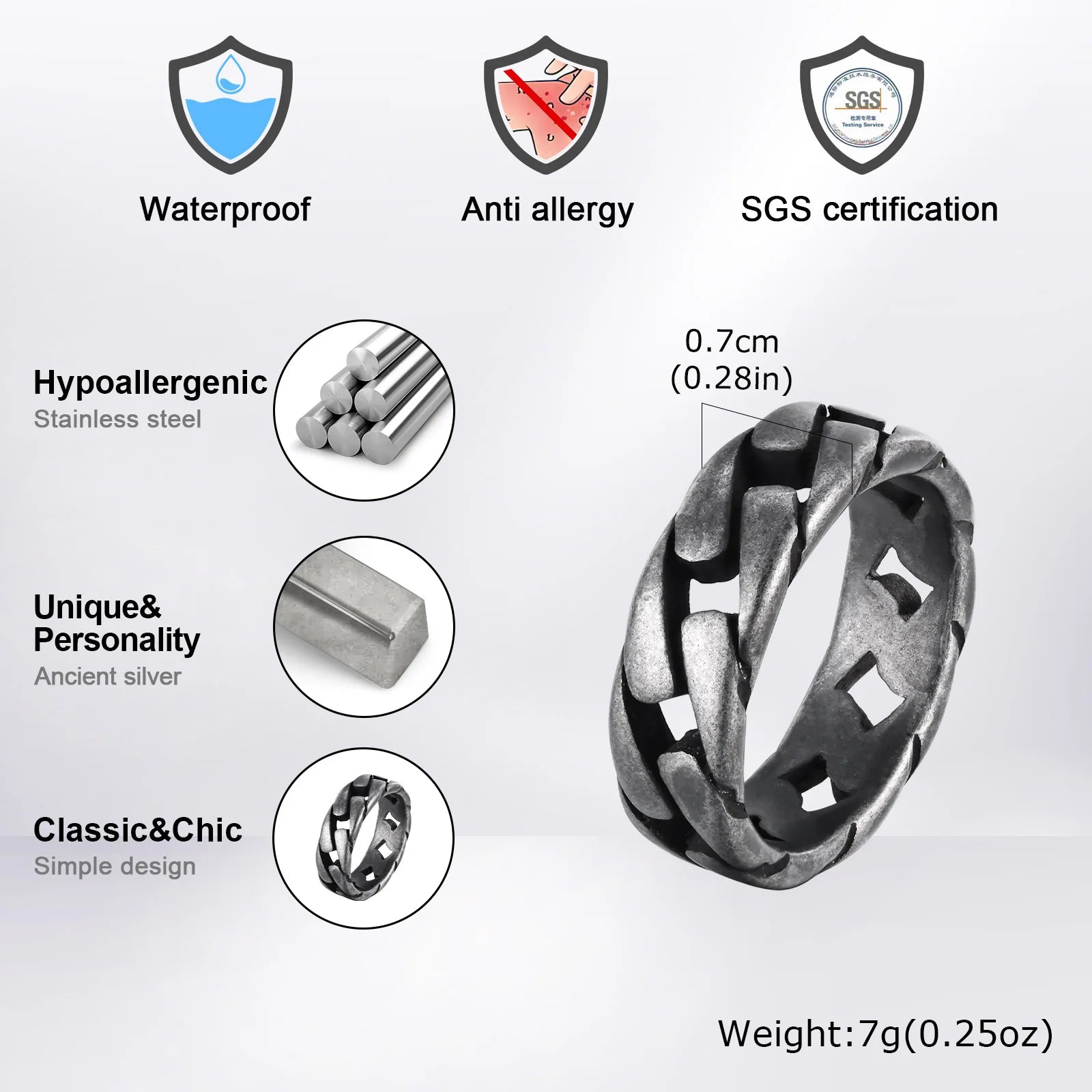 Vnox Herren Vintage oxidierte Edelstahlringe, Gliederförmiges Fingerband, Punk Rock Male Alliance