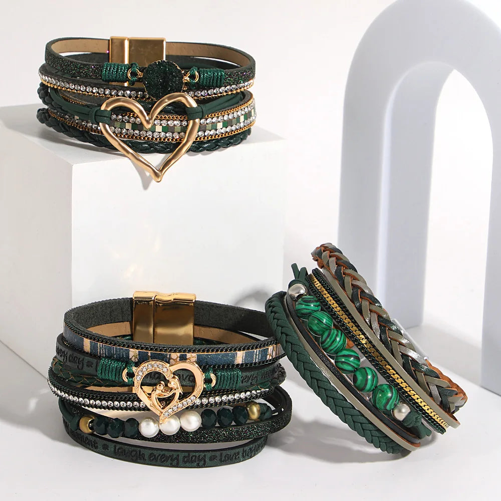 ALLYES Vintage grünes mehrschichtiges Wickelarmband aus Leder für Damen und Herren, Boho-Armbänder mit eingelegten Strasssteinen und Armreifen, Charm-Schmuck