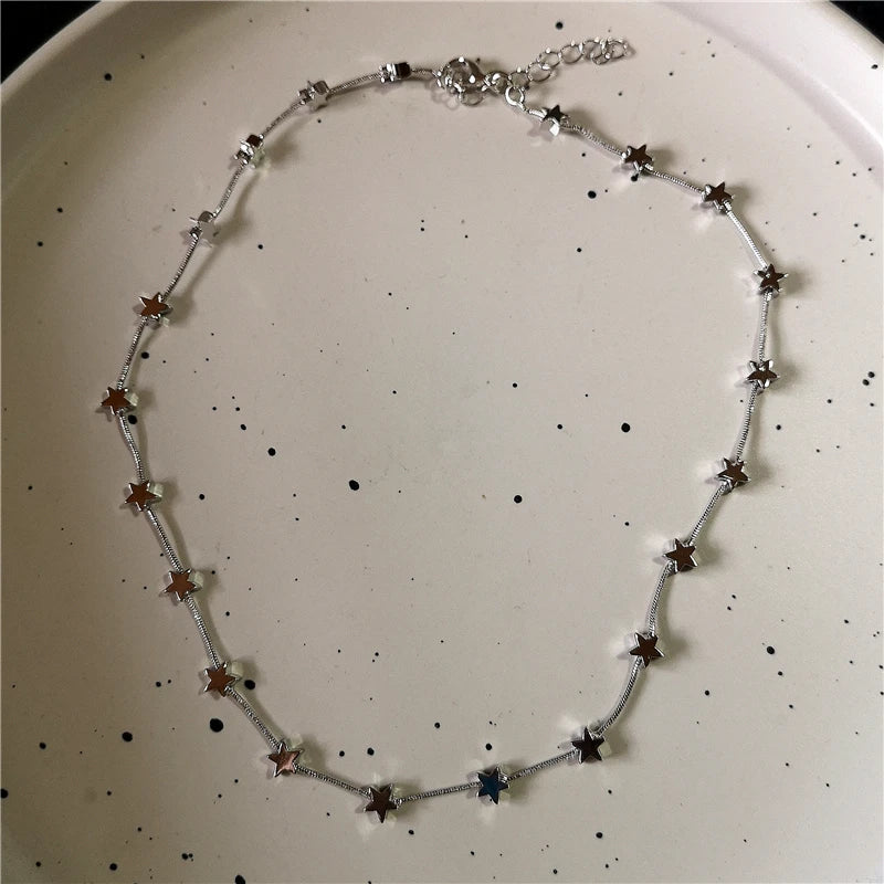 Vintage Y2k Ästhetische Pentagramm Stern Anhänger Silber Farbe Halsband Kette Halskette Für Frauen Coole Hip Hop Schmuck Charme Zubehör